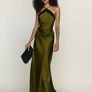 Reformation Jillian Olive green pear silk Cross-Halter Maxi Dress